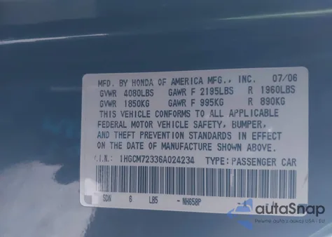 2006 Honda Accord Lx z USA, uszkodzony, nr VIN 1HGCM72336A024234